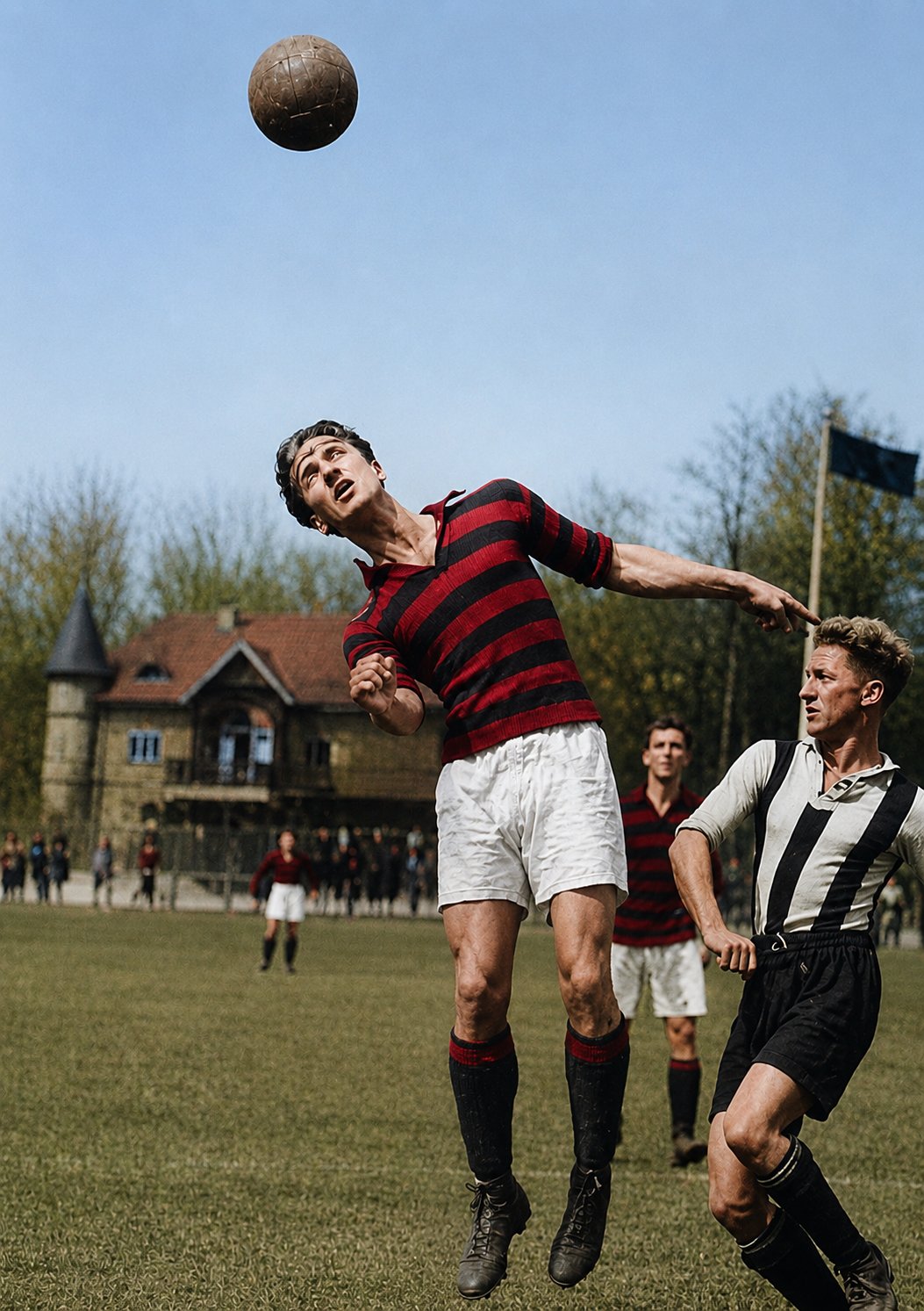 WAC-Spieler Erwin Puschner beim Kopfball. Im Hintergrund erkennbar: Das Zauberschloss des WAC-Platzes.